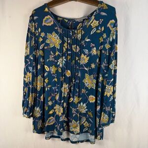 Daniel Rainn Blue and Yellow Floral Blouse, 3/4 sleeves, pleated detail